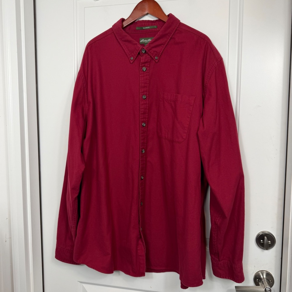 Eddie Bauer Mens TXXXL Relaxed Fit Long Sleeve Button Down Shirt Dark Red Cotton - Picture 7 of 8